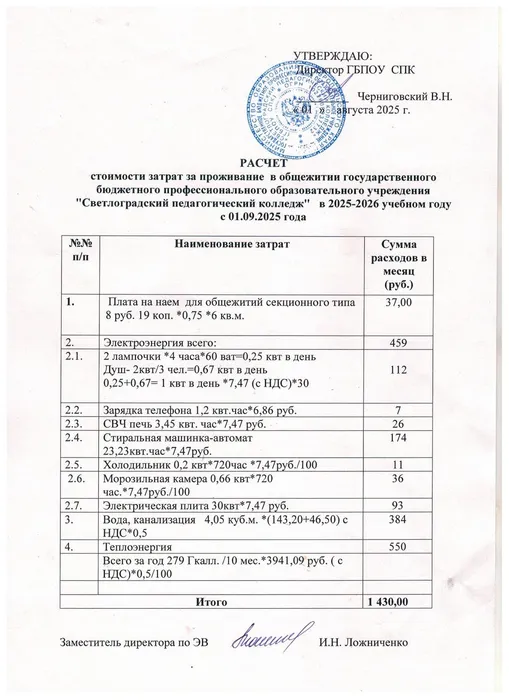 Расчет стоимости затрат за проживание в общежитии 2025-2026 уч.г.
